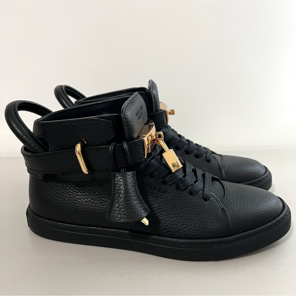 New Buscemi Black Leather High-Top Sneakers Gold Lock Eu 39 Made In Italy